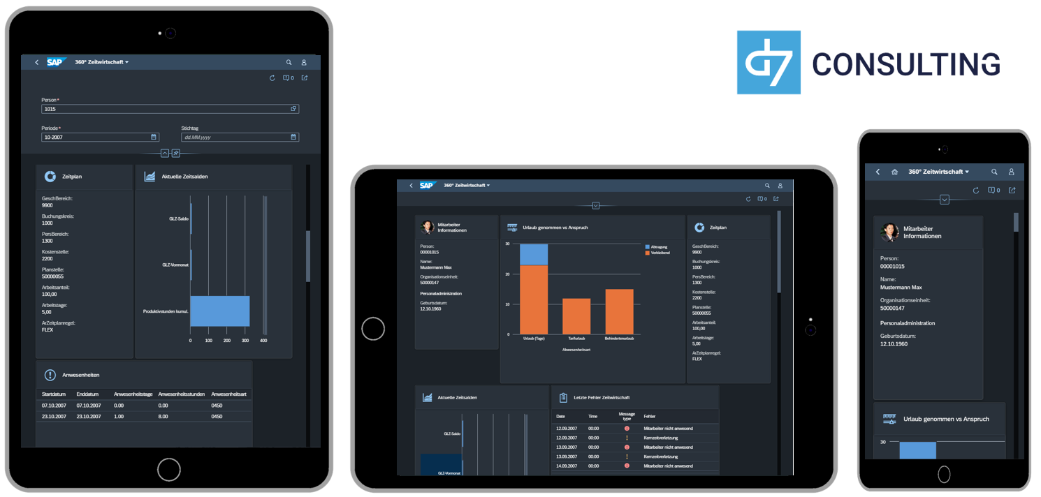 d7 SAP SAPUI5 App Mobile Dashboard Time evaluation results SAP HCM microservice Fioir 3.0 Dark Theme